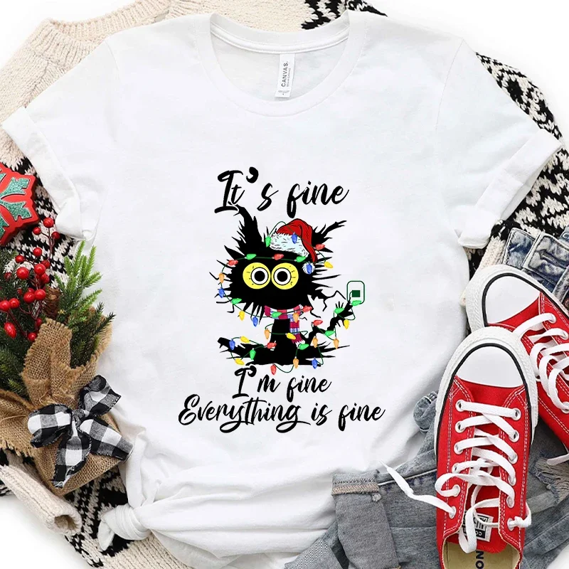 Its Fine I'm Fine Everything Is Fine Black Cat T-shirts Women Sweetshirts Christmas Lights Merry Christmas Harajuku Tee Y2k Tops