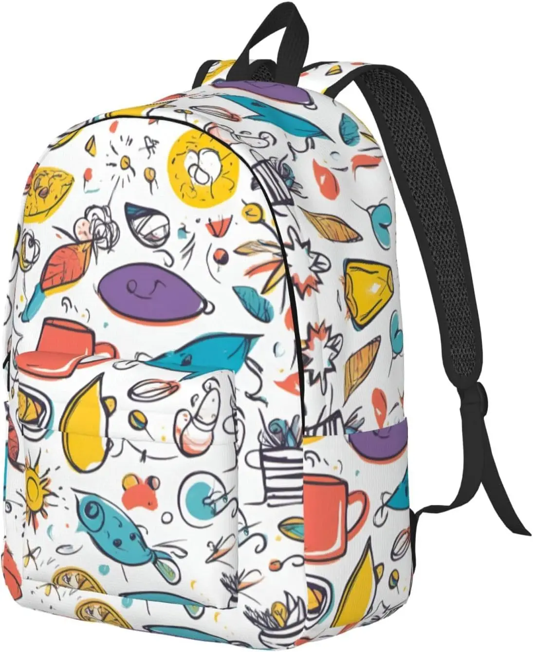 Mochila de lona elegante con estampado de plumas dibujadas a mano de colores sobre blanco, mochila de viaje con bolsillos, para senderismo y uso diario