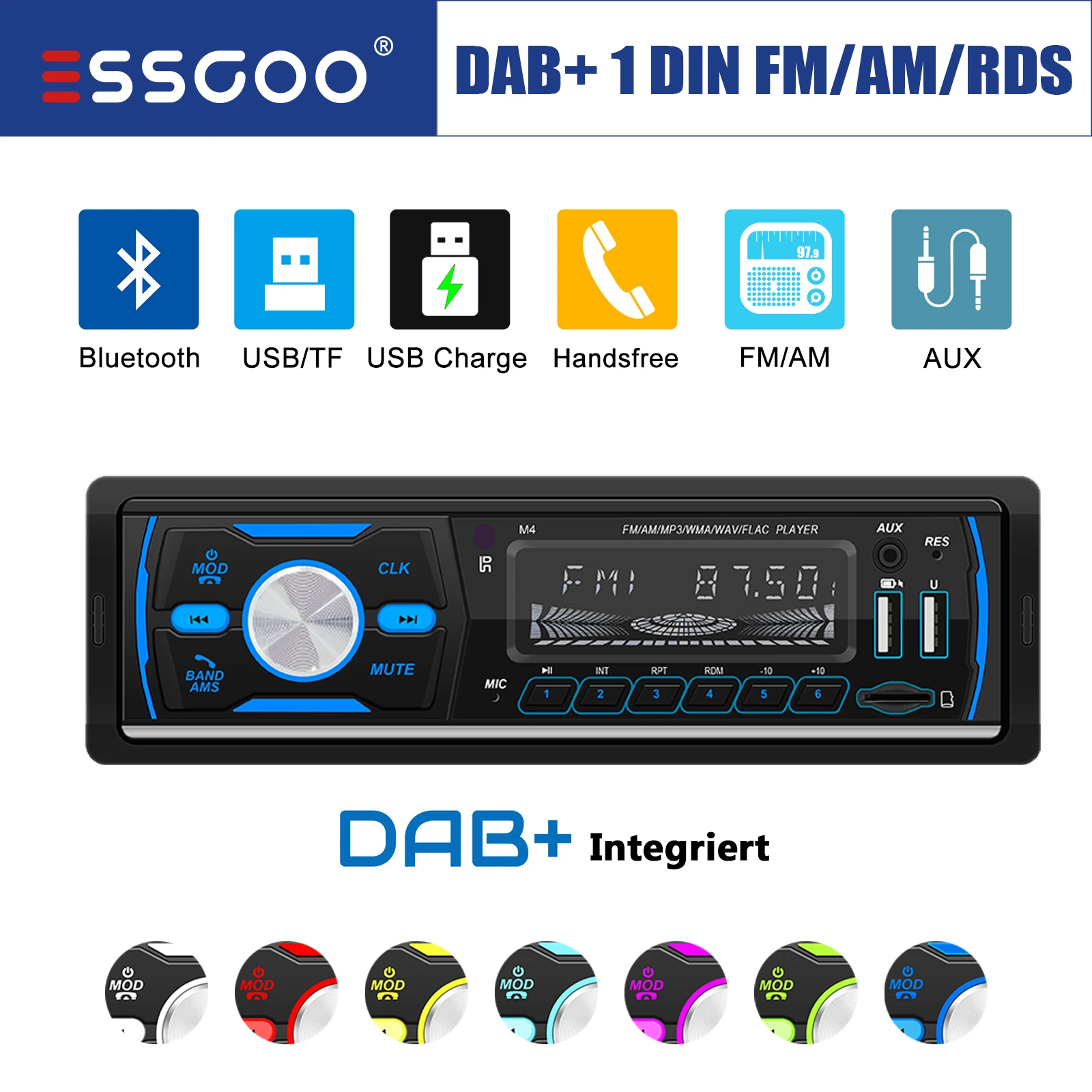 ESSGOO Car Stereo Head Unit w/ DAB+ Built-in AM FM RDS USB AUX-in SD Bluetooth Single 1 DIN Remote MP3 Player