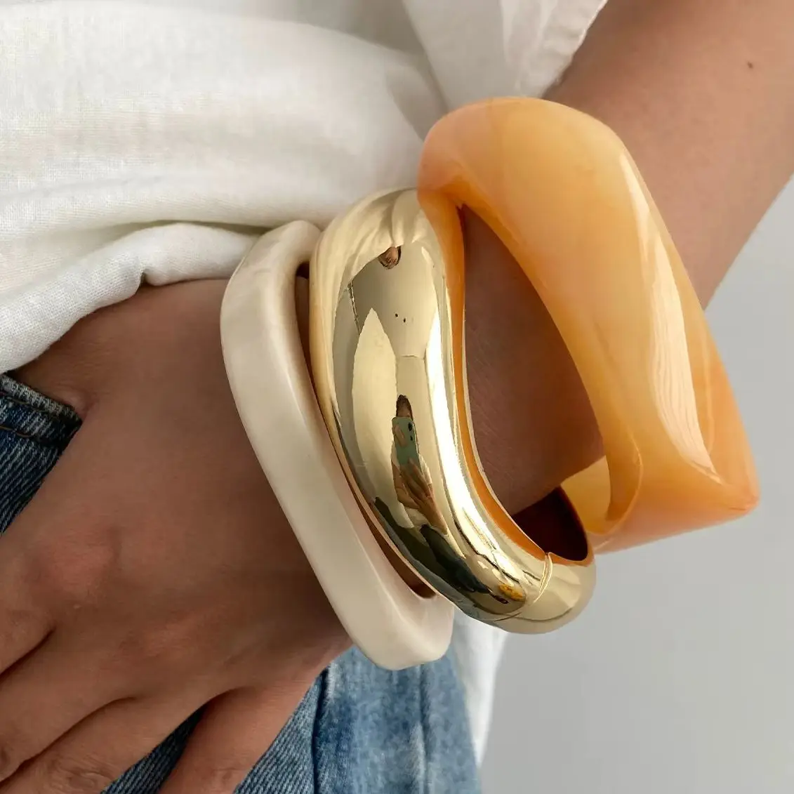 Ingemark 3 Stile Hip Hop Unregelmäßige Stapeln Harz Dicke Armreifen für Frauen Neue Trend Charme Breiten Arm Armband Paar Schmuck Geschenk