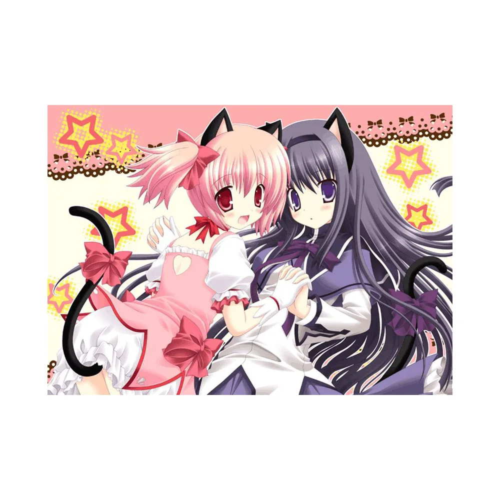 Madoka Neko Anime Girls Starry Tapestry – Kawaii Wandbehang aus Polyester mit Katzenohren für Schlafzimmer, Wohnheim, Anime-Dekoration