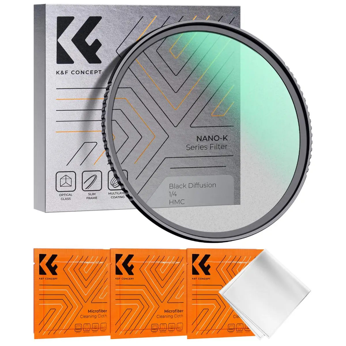 K&F Concept Black Diffusion 1/4 Filter Cinematic Effect for Video & Portrait Photography with 3 Pieces Microfiber Cleaing Cloth