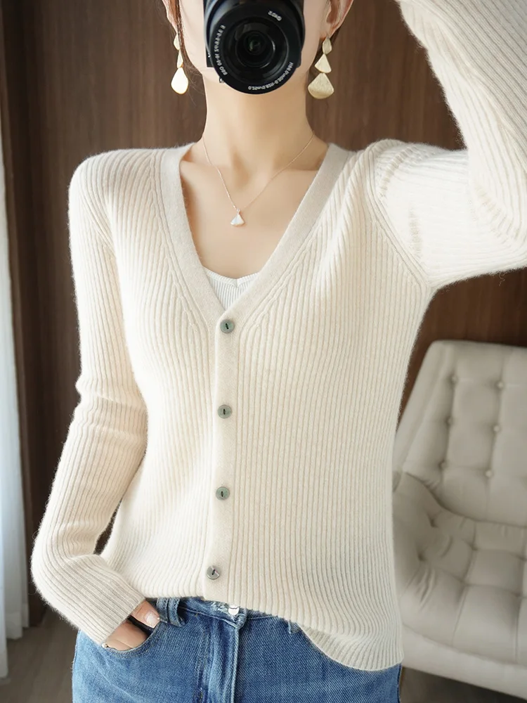 MODERN NEW SAGA Women Cardigan Sweater Spring Wool Knitted Sweater Long Sleeve Autumn Soft Slim Sweater Cardigans Korean Fashion