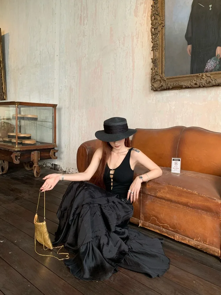 【FANGTING】Black Irregular Skirt Women Summer Elastic Waist A Line Slim Fit Mid Length Skirt