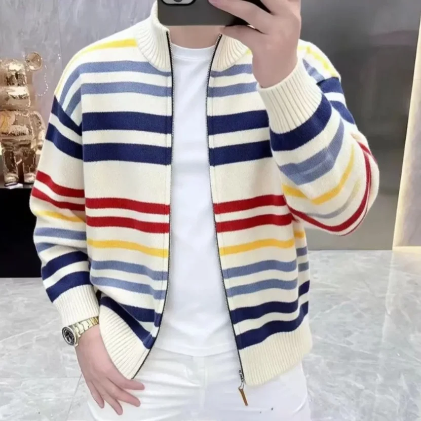 

Высококачественный вязаный мужской кардиган Paul Zhofant из смесового хлопка, в полоску, с воротником-стойкой, длинными рукавами, эластичный, в американском стиле