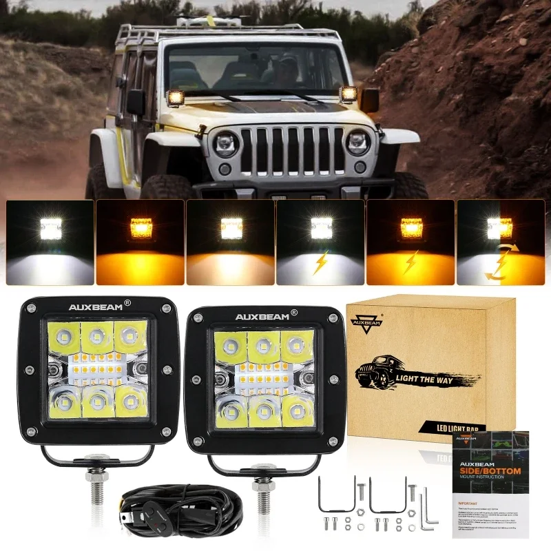 AUXBEAM 3Inch 72W LED Square Work Light Pod Dual Color 6 Lighting Modes with 10FT Wiring Harness for Truck Pickup Offroad