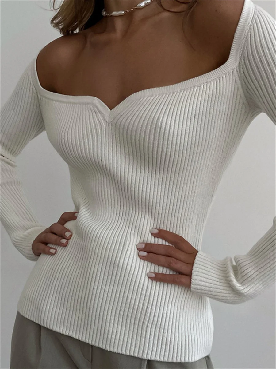 wsevypo Chic Autumn Knitted Ribbed Sweaters Casual Women Long Sleeve Sweetheart Neck Slim Pullover Tops Office Lady Jumpers