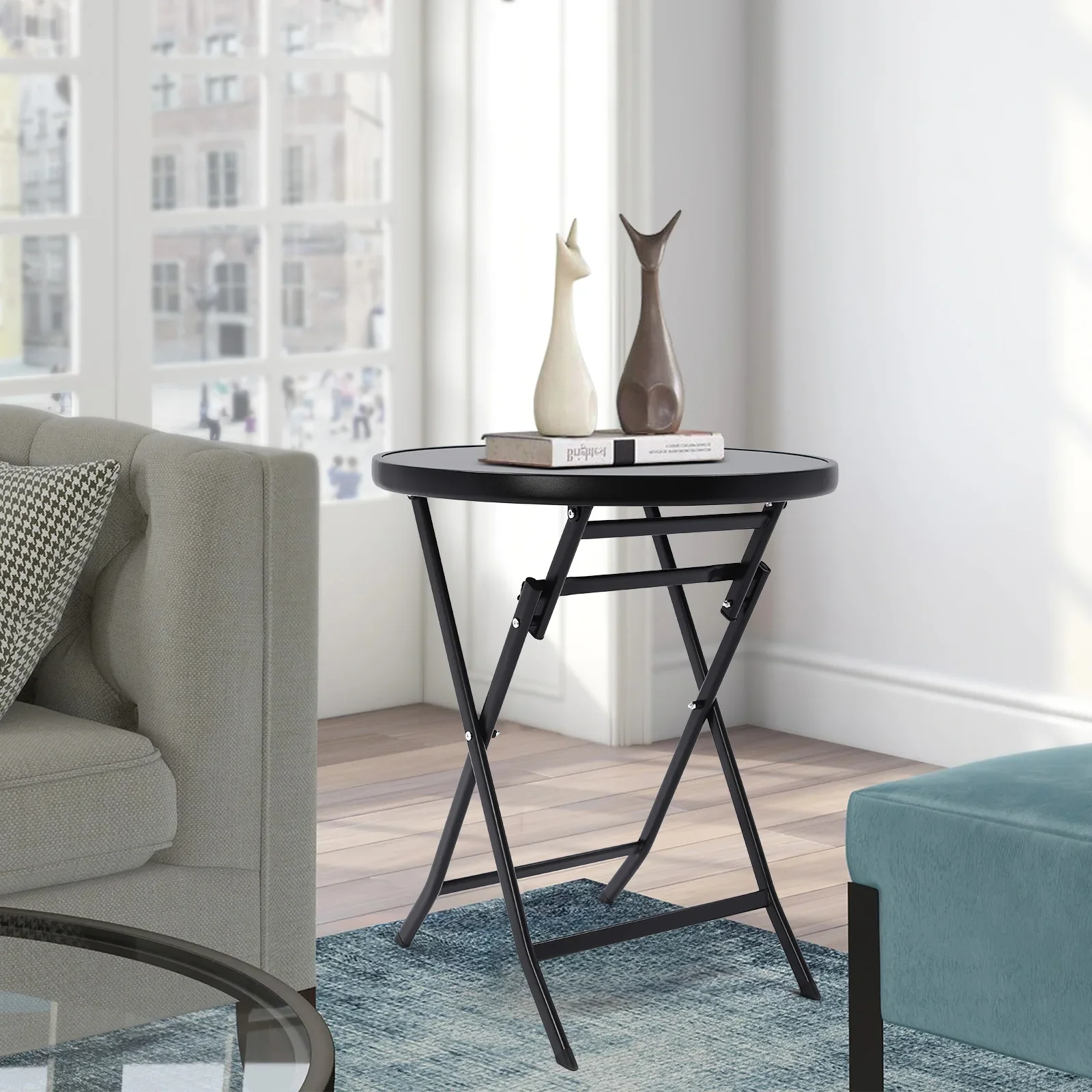 Table basse ronde pliante de 60 cm avec capacité de poids de 120 kg/264,55 lb - Table d'appoint portable intérieure et extérieure pour patio, jardin, balcon