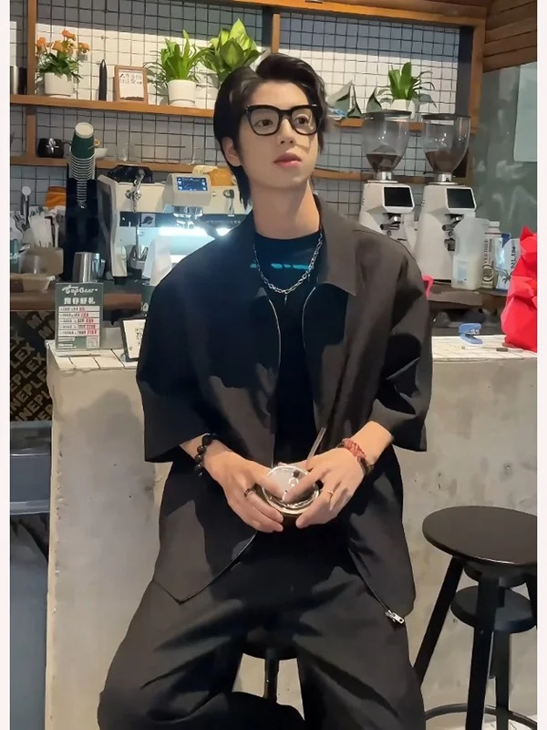 

Bla Double Zipper ort Sve Casual irt Men's Summer Loose Fit irt Five-Quarter Sve Jaet Youth Trendy Sle