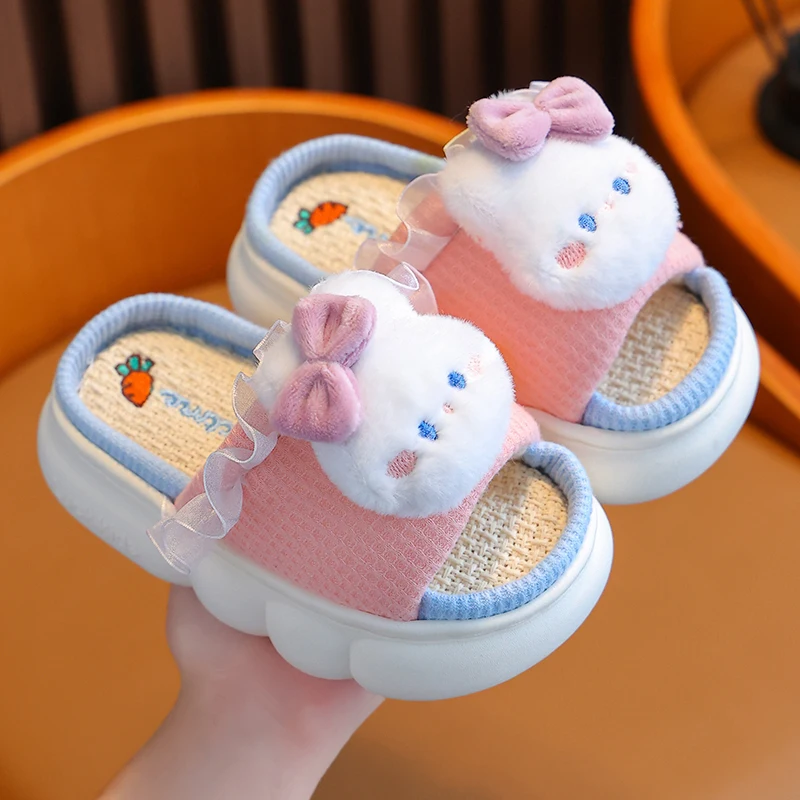 New Children\'s Cartoon Rabbit Linen Slippers Spring and Autumn Slides For Girls\' Home Indoor Non-slip Mule For Four Seasons