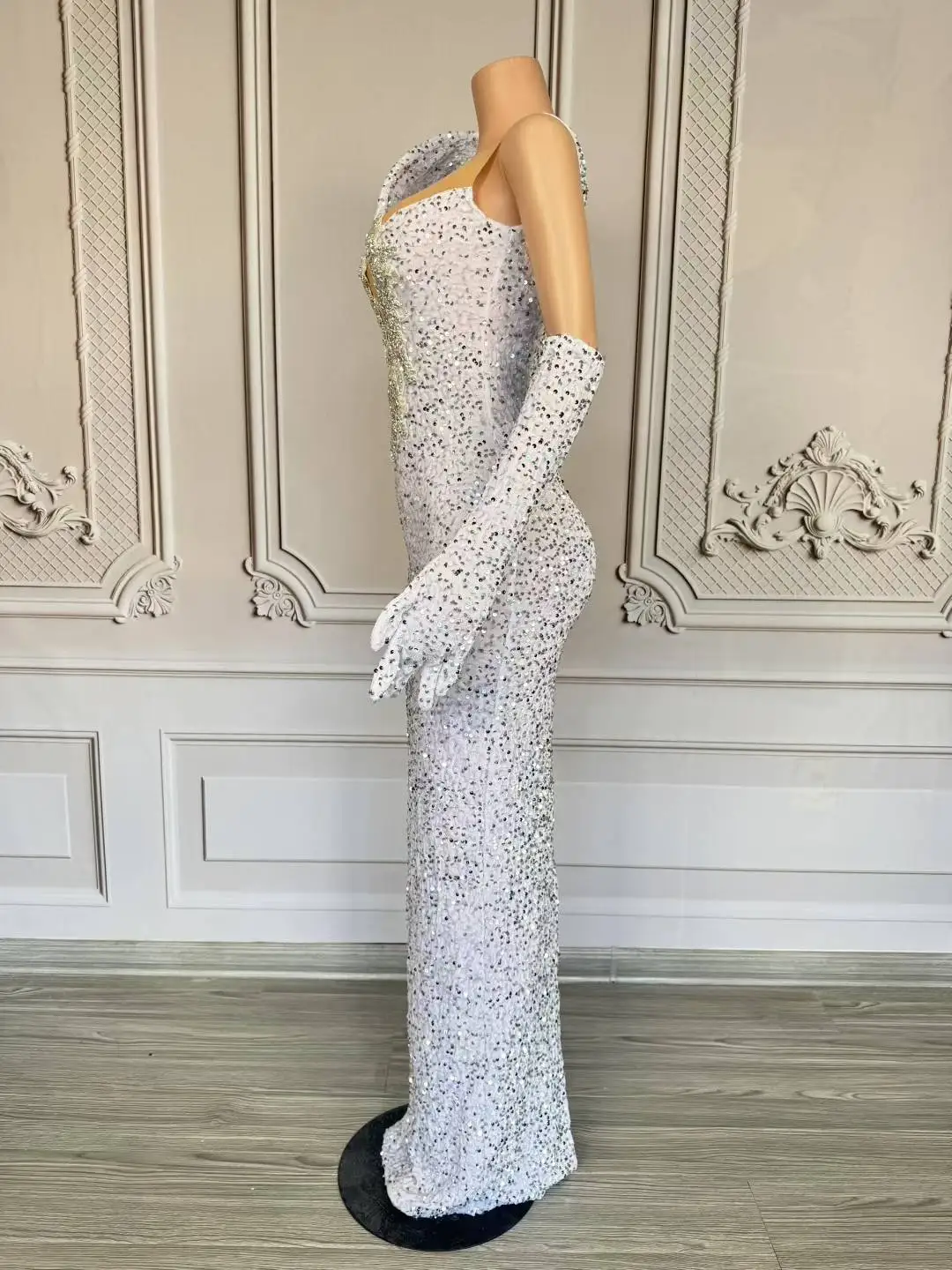 Damskie błyszczące, ręcznie robione sukienki klubowe Białe cekiny Kryształowe luksusowe suknie wieczorowe Damskie stroje sceniczne na przyjęcie urodzinowe