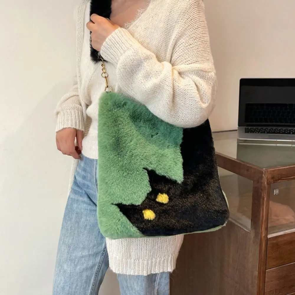 Retro Korean Style Faux Fur Shoulder Bag Colorblock Colorful Cat Plush Crossbody Bag Square Niche Design Handbag Autumn