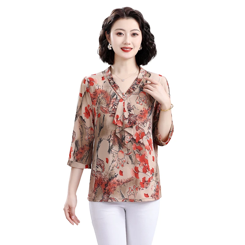 

Fashion Summer Blouses Women's bow Neck Loose Spliced 3/4 Sleeve Korean Commute Printing Shirt Tops