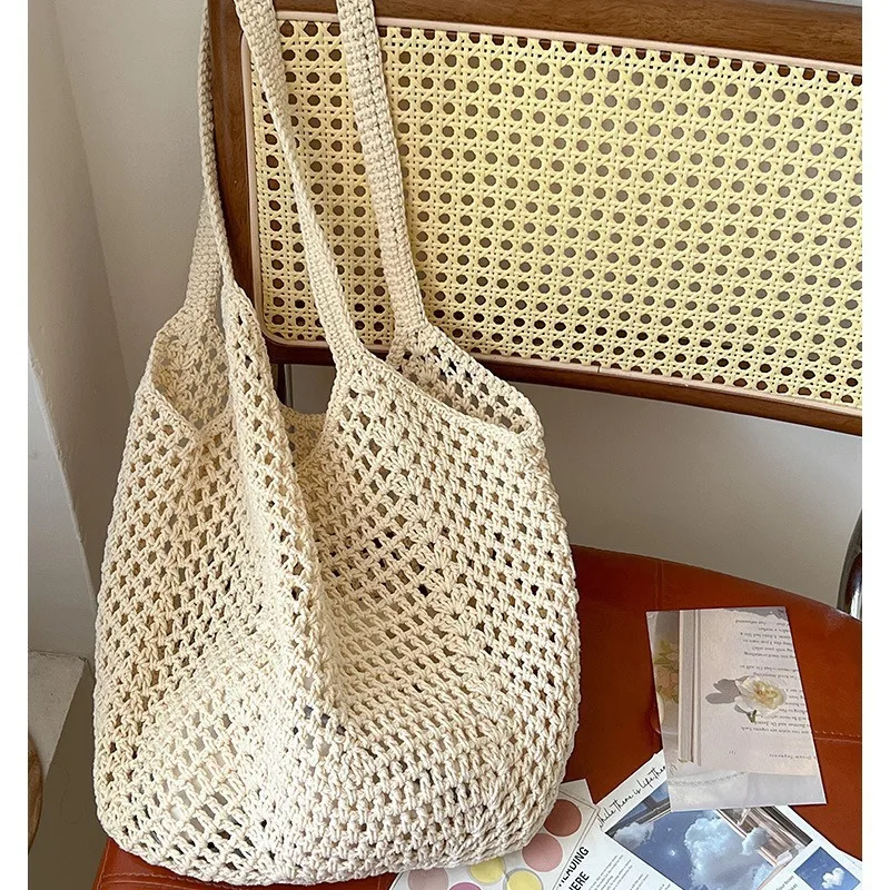 1pc Big Capacity Knitting Shoulder Bag Tote Handbag Summer Mesh Beach Bag Fashion Women's Hollow Woven Shoulder Bags