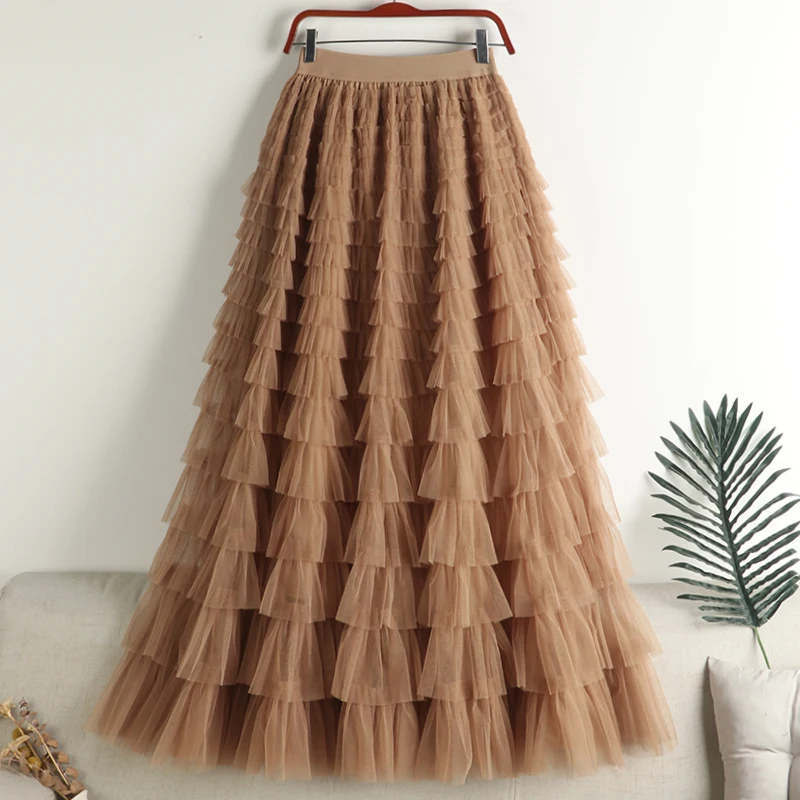 95cm 2023 New Summer Solid Mesh Skirts Gothic Multilayer Patchwork Cake Skirts High Waist Slim Maxi Tulle Skirts for Women