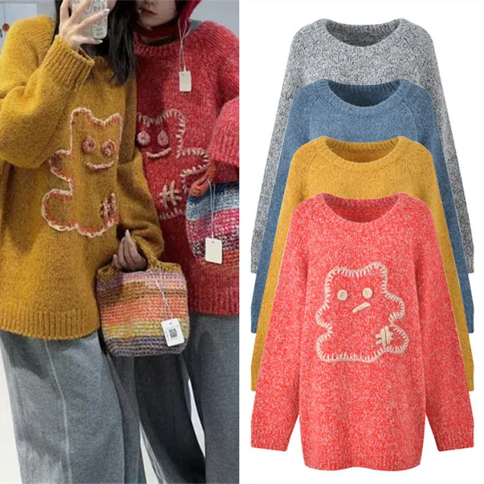 

High-End European Sle Cartoon Embroidery Large Size Sweater Women's Casual Versatile Knitted irt Lazy Faion Design