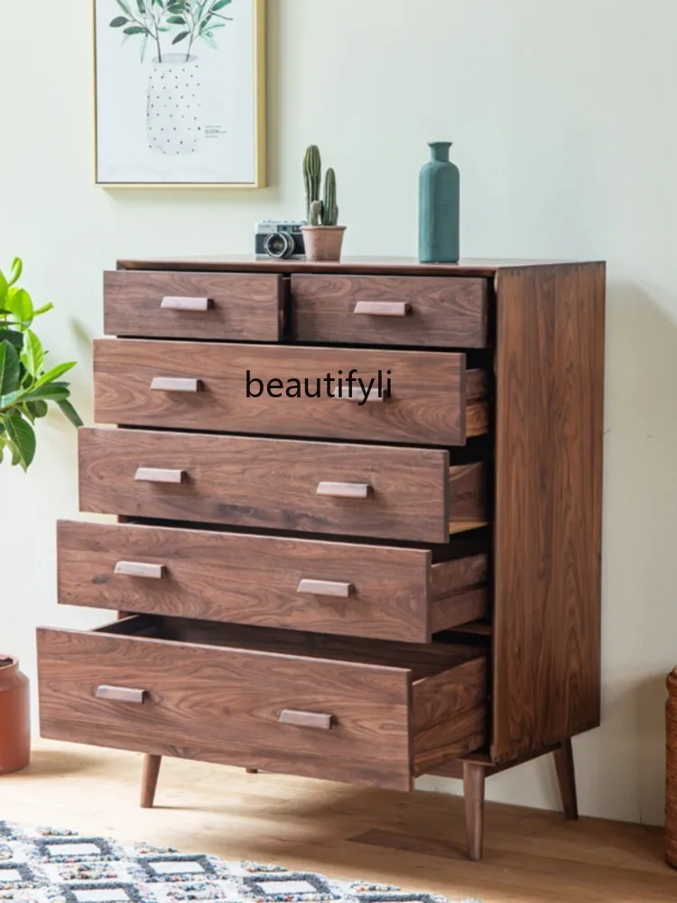 Nordic Black Walnut Solid Wood Four Or Five Buckets Integrated Living Room Storage Side Cabinet Multi-Functional Dressing Table