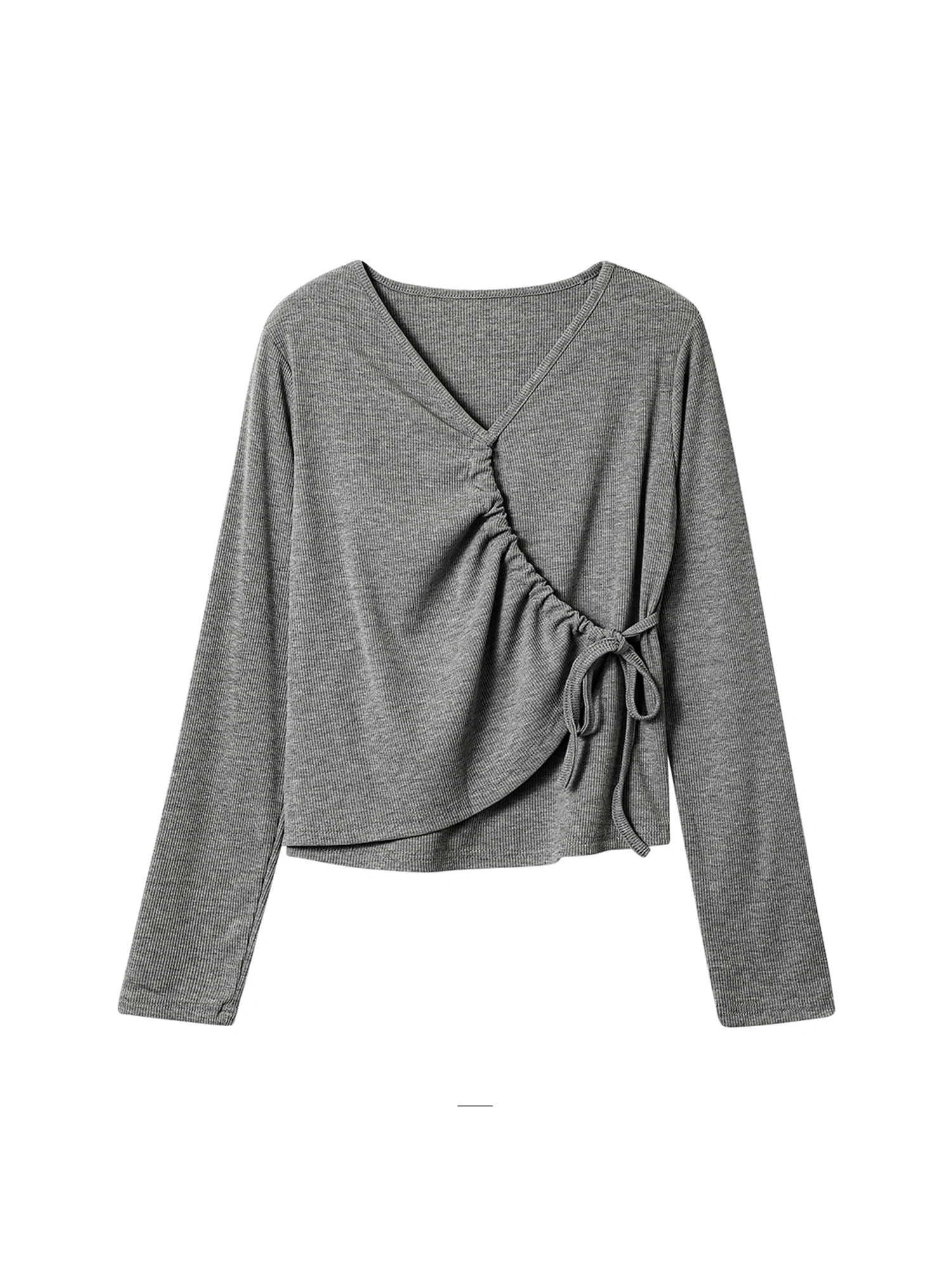 

Women's Grey Y2k Knit T-shirt Vintage Aesthetic Harajuku Gyaru V-Neck Tee Top Long Sleeve Lace-up T-shirts 2000s Clothes Autumn