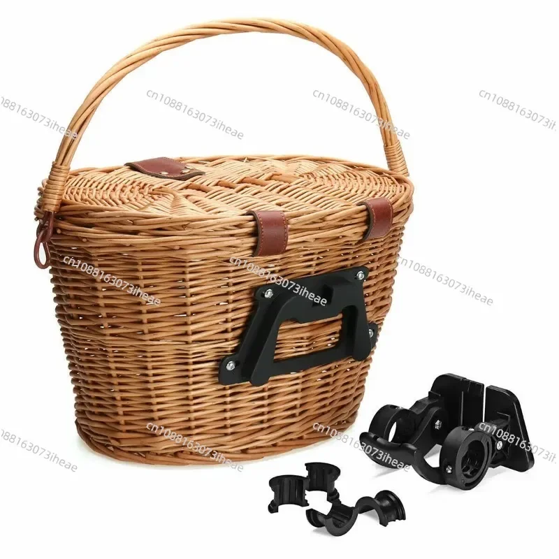 

Rattan Bicycle Basket with Lid Pastoral Lady Wind Willow Shopping Portable Woven Basket