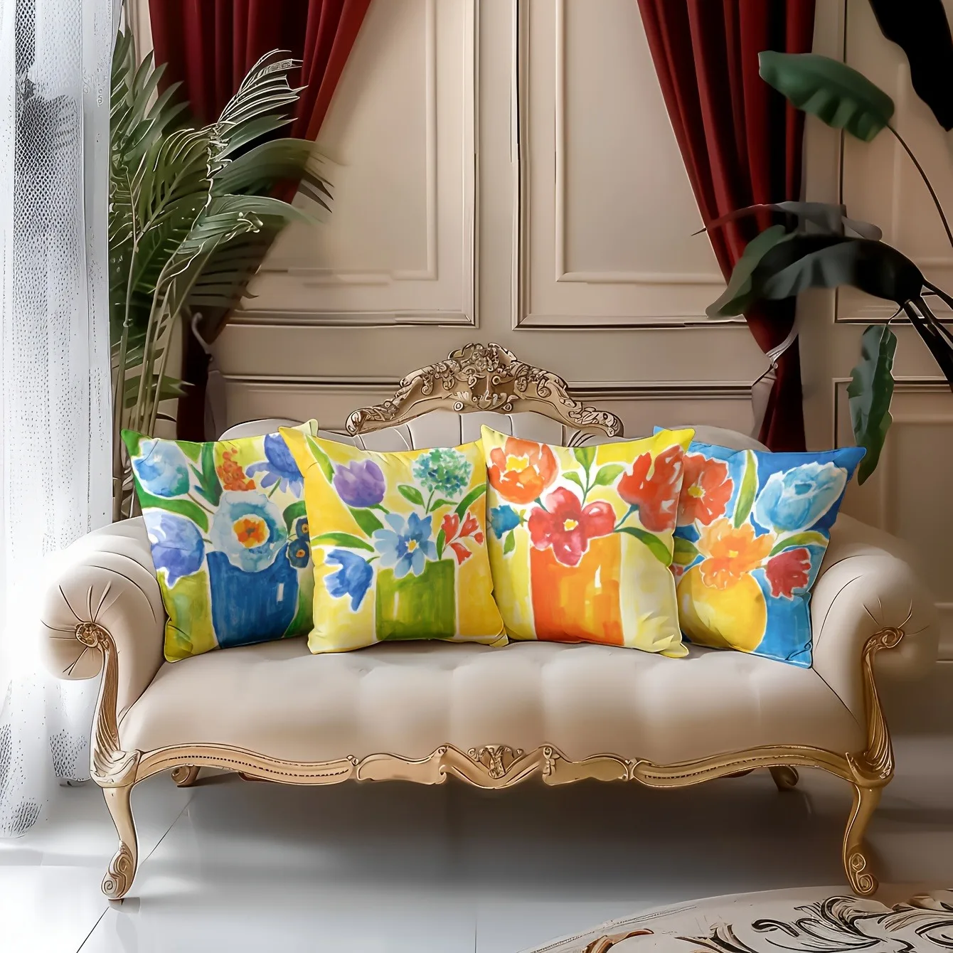 

Bright Watercolor Floral Vase Pillowcase Set, Colorful Bouquet Pattern Decorative Cushion Cover for Home Sofa Bedroom