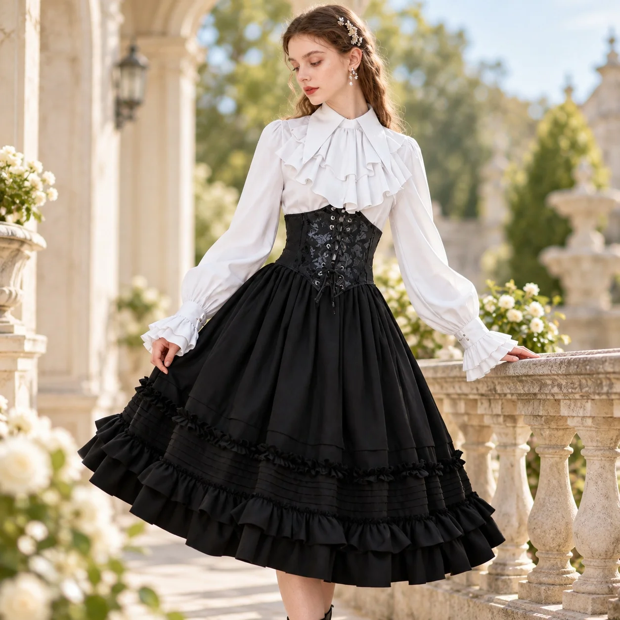 Falda con volantes y bajo con volantes, de estilo fantástico, dulce y fresca, disfraz de fantasía europeo y americano para escenario, con falda de primavera para mujer y hombre