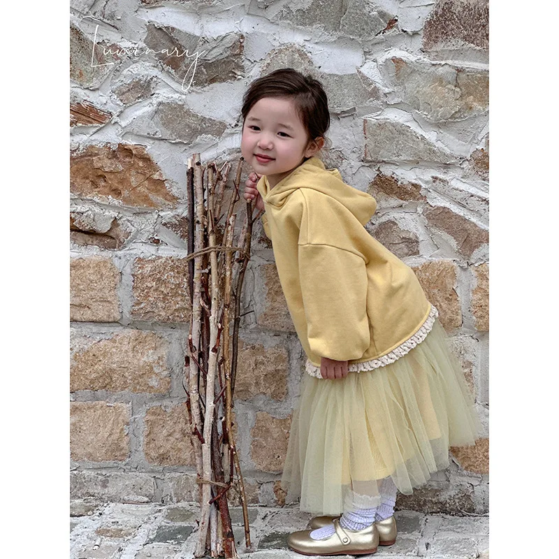 Girls Suit 2024 Autumn New Childrens Wear Korean Girl Baby Lace Hoodie Cute Net Gauze Half Shag Skirt Two-piece Set Casual