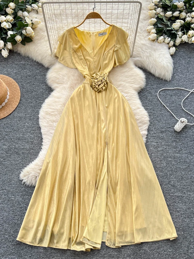 Ele V-ne Lange Dr Dames Hoge Taille A-lijn Rok Bloemen Verfraaid Afslanken Split Dr Koreaanse Sle Pendelen