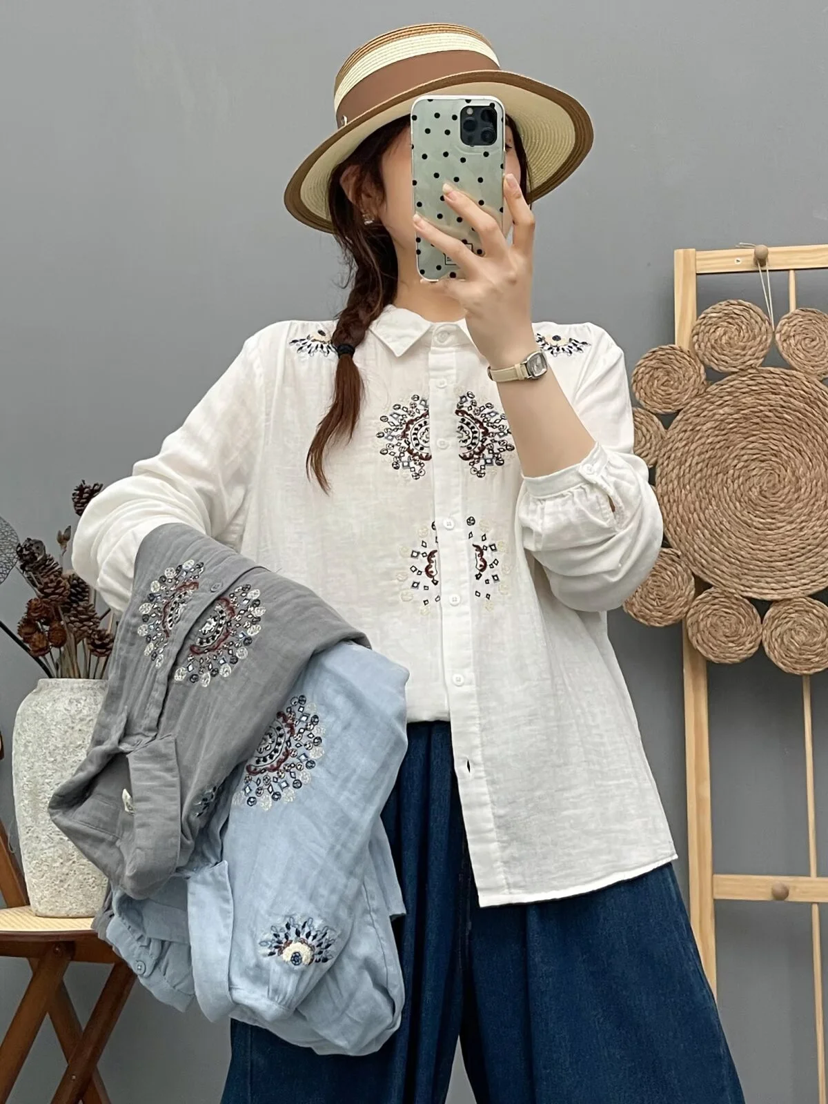 

2026 Ethnic women's elegant blouses handmade embroider women's shirt 100% cotton yarn long sleeve blouses lady clothes