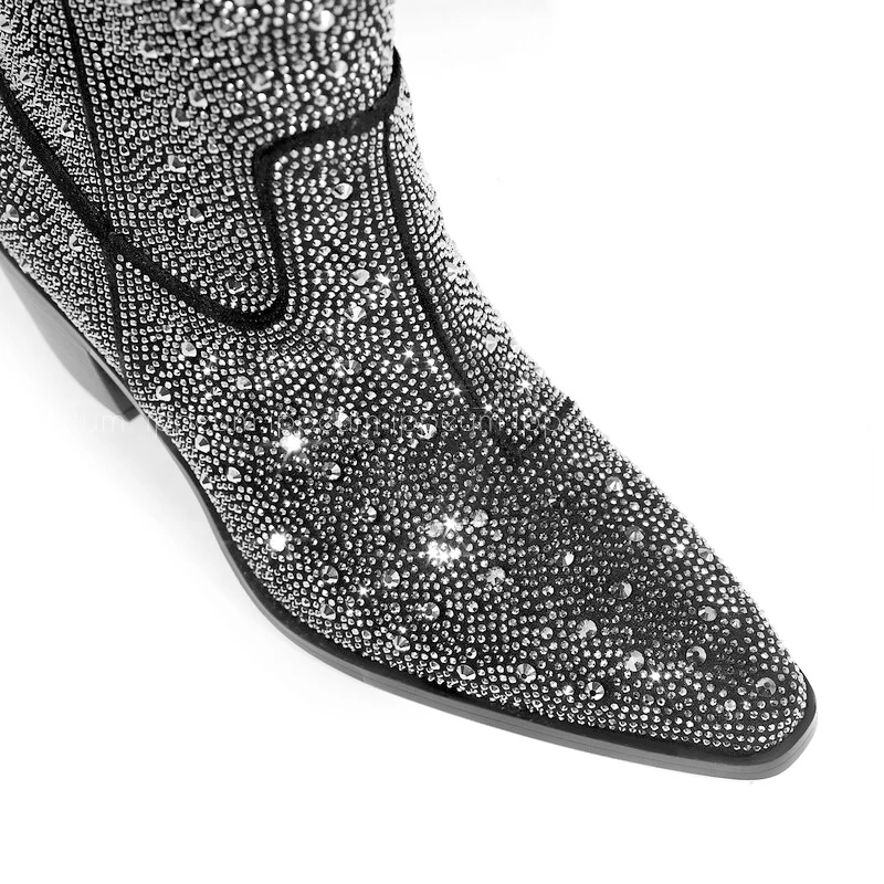 IPPEUM Rhinestone Boots Cowboy Women Black Ankle Design Chunky Heel Ponited Toe Size 43 New In Women\'s Western Boots