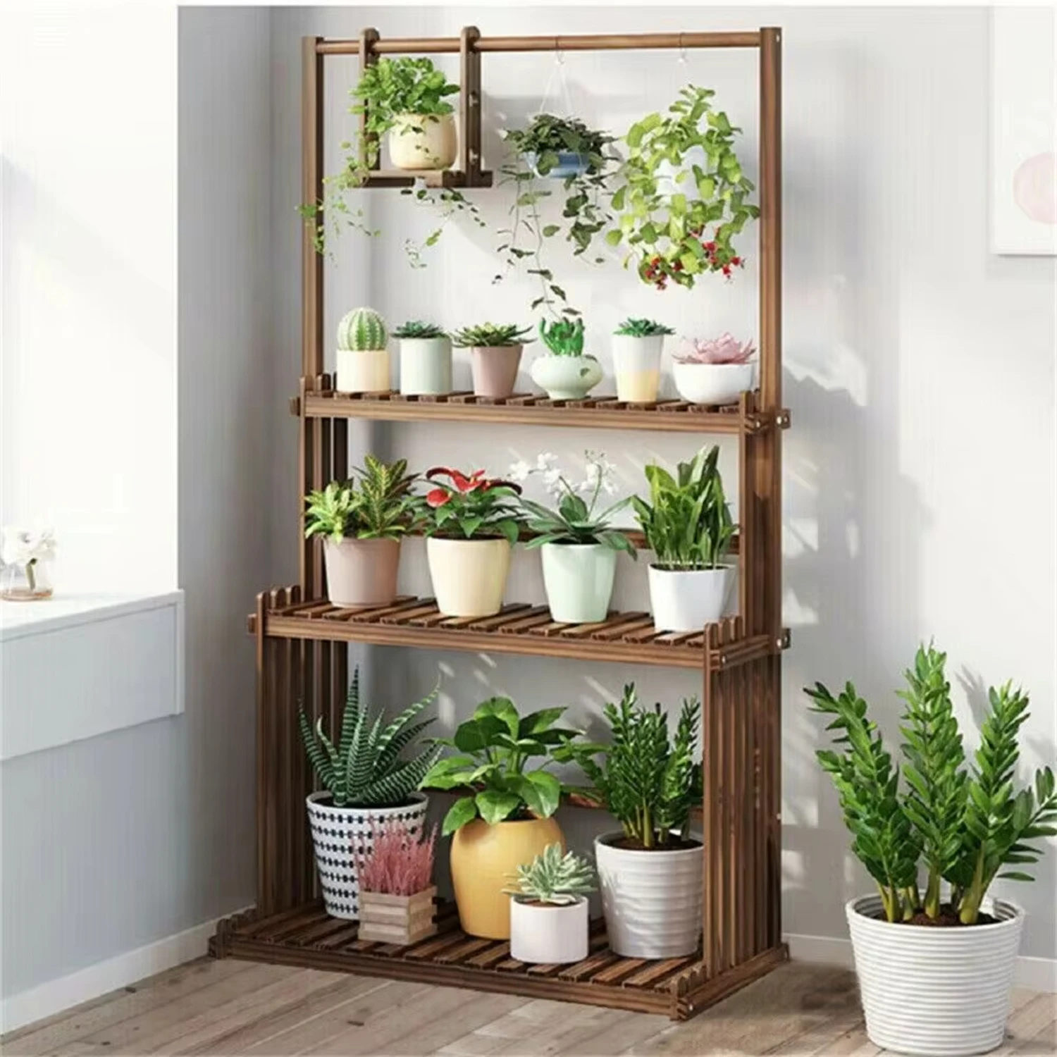 

3-Tier Hanging Wood Plant Stand Planter Shelves Flower Pot Organizer Rack Multiple Display Holder Shelf Indoor Outdoor