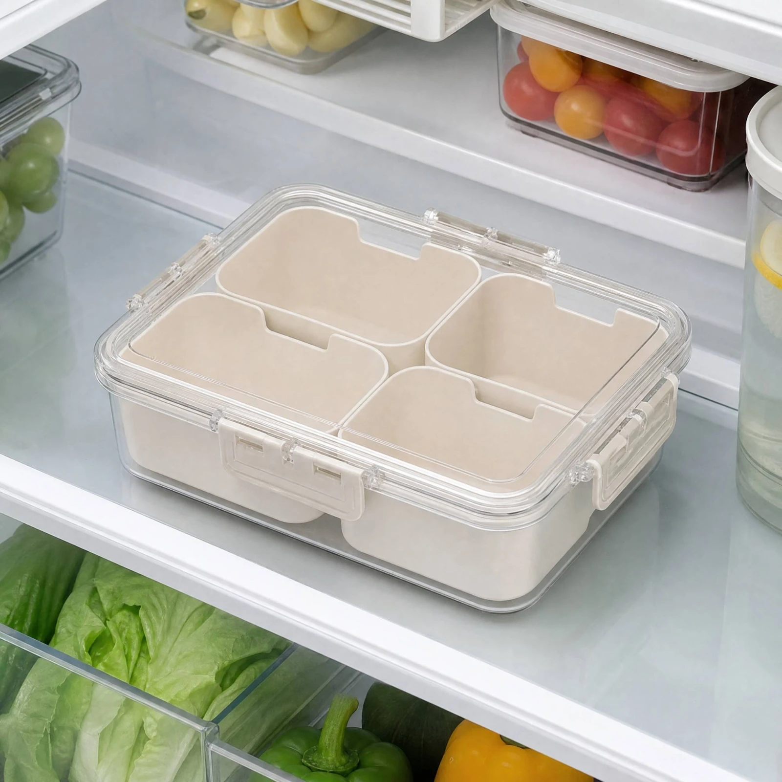 Airtight Condiment Organizer with 4 Compartments Reusable PET Storage Organizer with Transparent Lid Seasoning Containers
