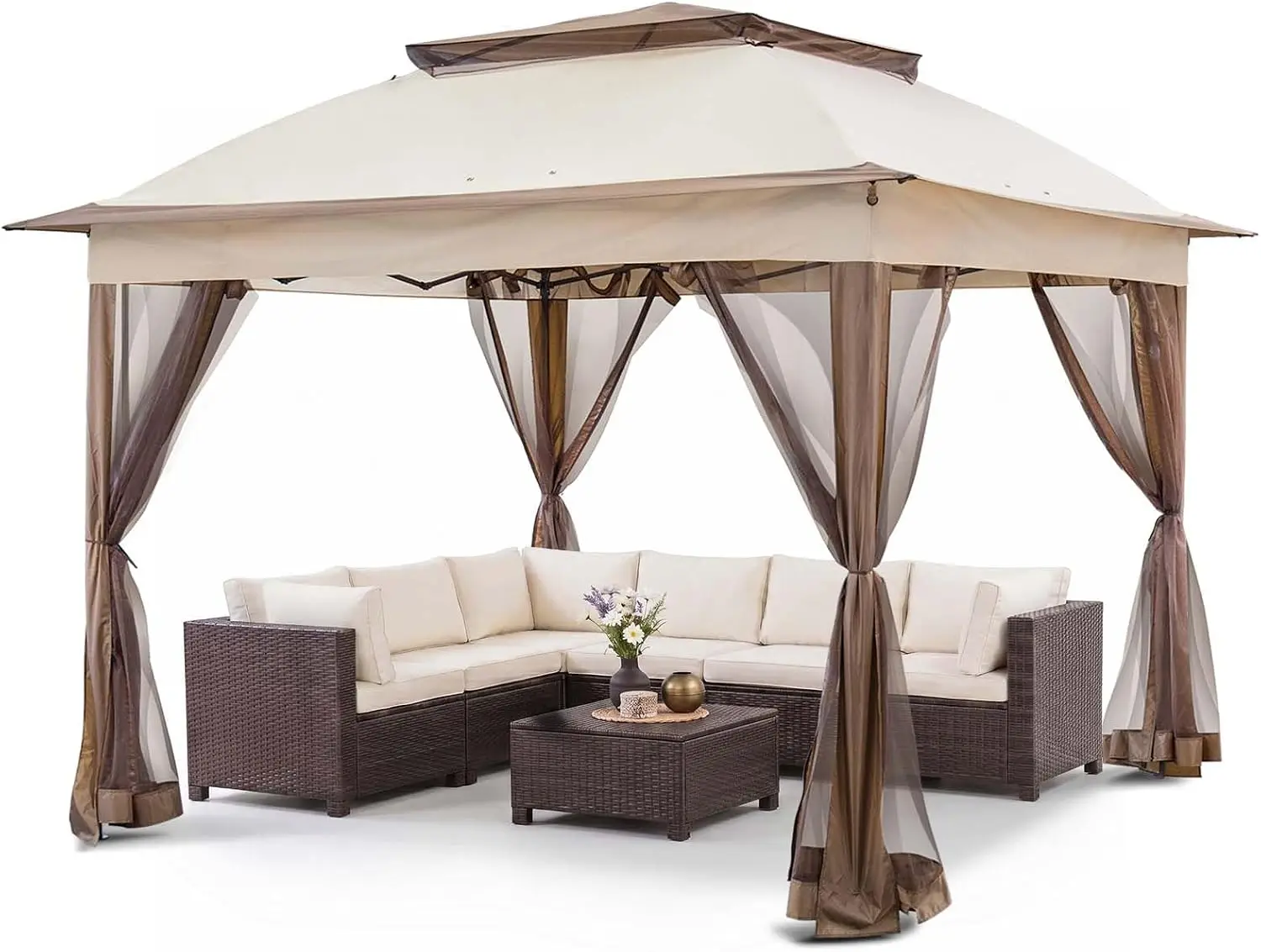 11x11 Ft Pop‑Up Outdoor Gazebo with Zippered Netting, Instant Patio Canopy Shelter for Backyard Garden Lawn Gathering, Beige