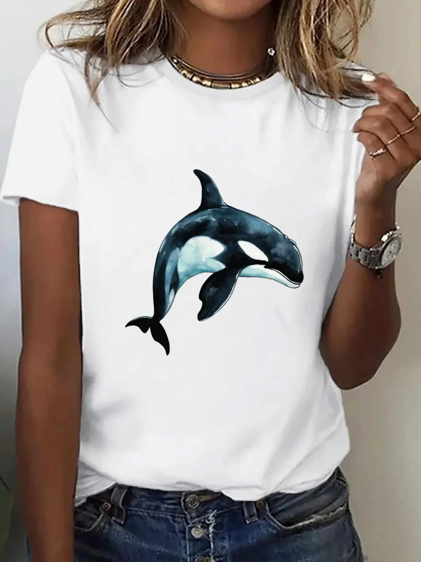 Böhmisches Kurzarm-T-Shirt für Damen mit Rundhalsausschnitt und einzigartigem Wal-Grafikdruck für lässige Frühlings- und Sommeroutfits, Y2K-Top