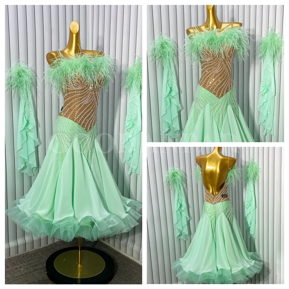 

Standard Dance Dress Light Green Ballroom Dancing Costume Waltz Dancewear Ostrich feathers open back GOODANPAR