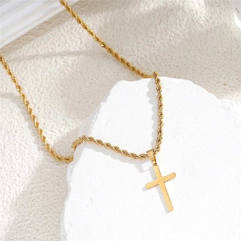 Stainless Steel Cross Pendant Necklace for Men Boys 18K Gold Plated Silver Simple Twisted Chain Fashionable Jewelry Beach Party