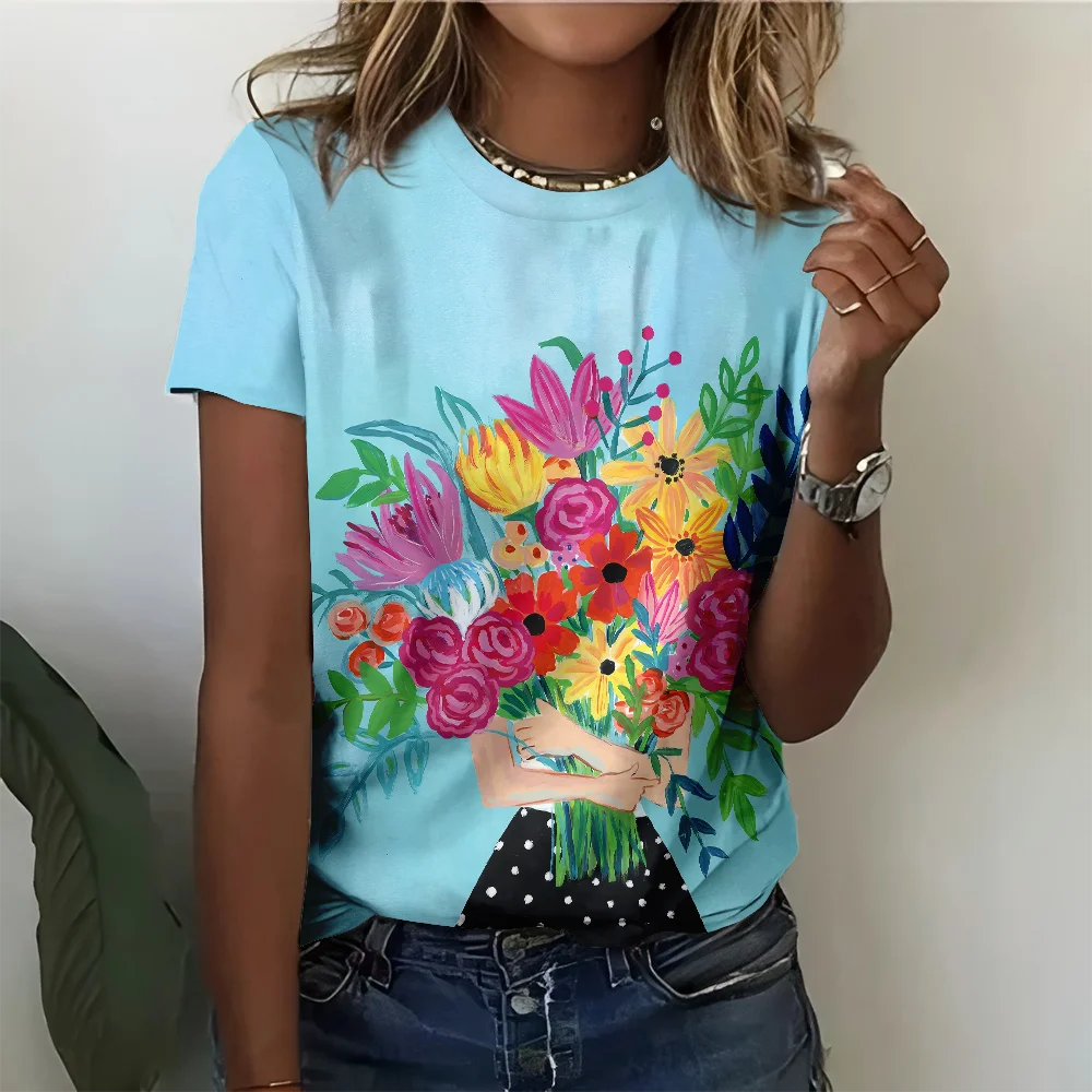 

Spring Printed Pattern T-shirt Casual Fashion Must Have A Light Blue Short Sleeve