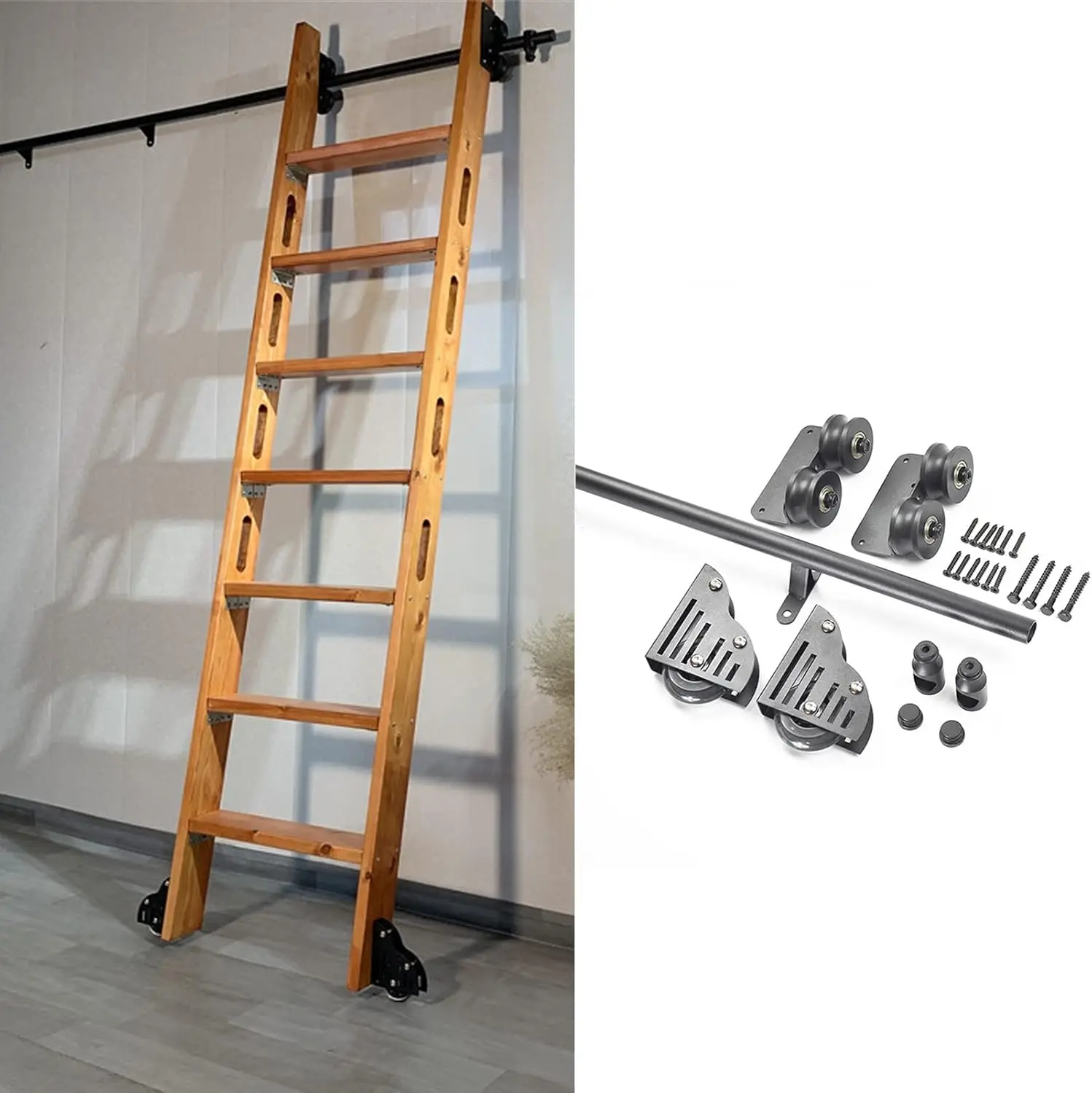 Luyckfrazy 3.3Ft-20Ft Sliding Barn Door Hardware Kit, Rolling Library Ladder Hanging Track Sliding Ladder Kit With Floor Roller