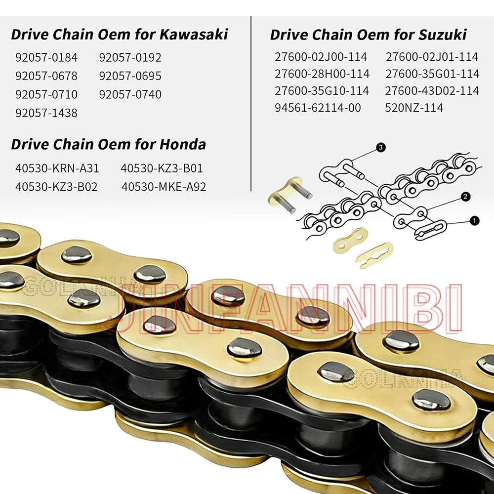 520 X-Ring Chain 114 Links with Master Link,Heavy Duty Motorcycle Gold Chian, Powersports Drive Chains