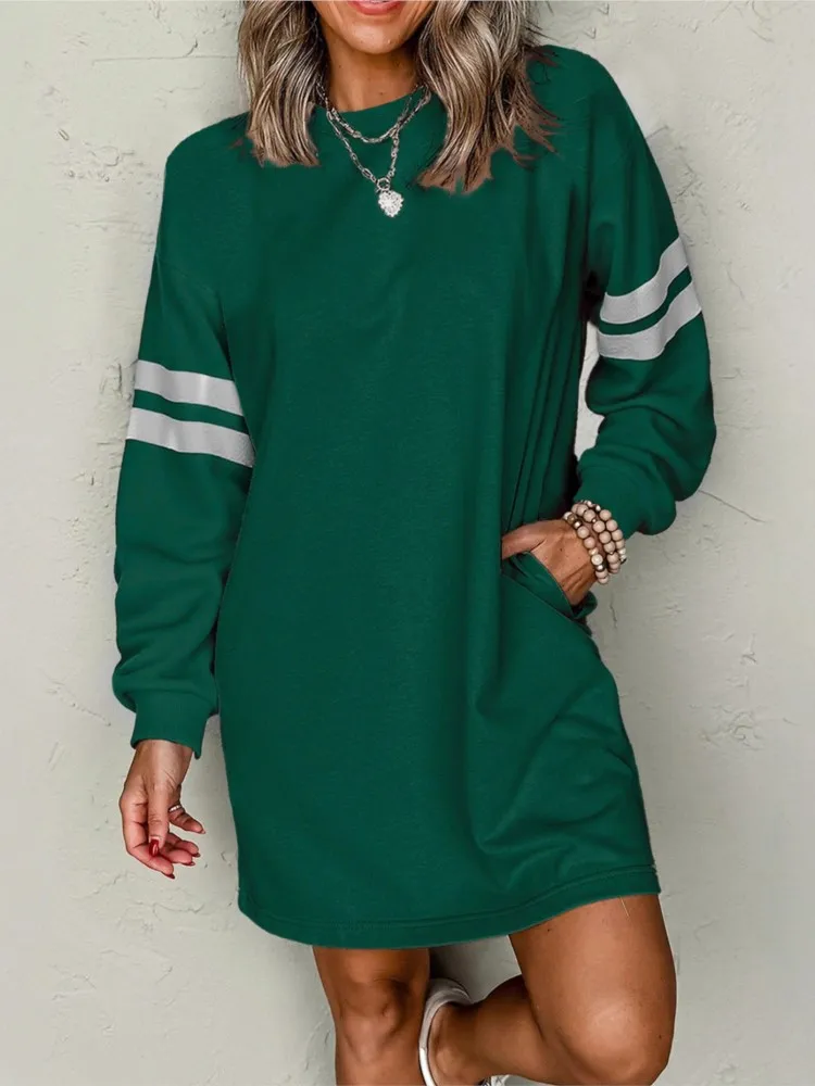

2025 Autumn Winter New Striped Drop Shoulder Sweatshirt Mini Dresses Women Casual Loose O Neck Long-sleeved Pocket Dress Female