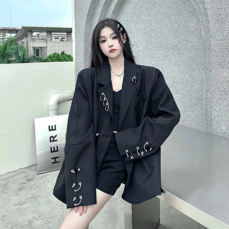 Fashion Streetwear Women Blazers Black Simple Hottie 3D Decoration Oversize Suit Jacket Casual Elegant Pocket Aesthetic Jackets