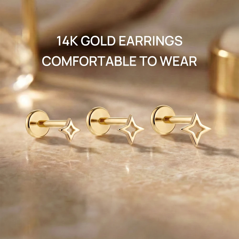 ROXI 1PC 5/6/8mm 14K Solid Gol - Star Flat Back ulasan dan harga