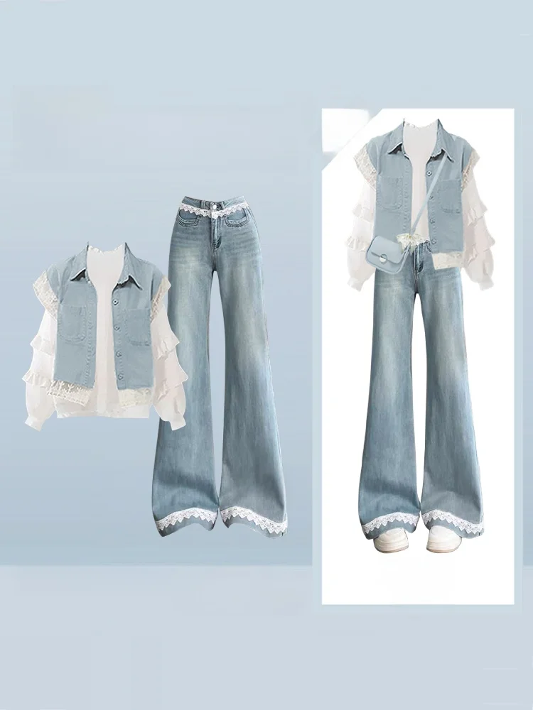 

Ретро-комплект в гонконгском стиле: джинсовый жилет с кружевной отделкой, расклешенные брюки с высокой талией, женский комплект из двух предметов, в комплекте с нижним бельем, сочетающийся образ