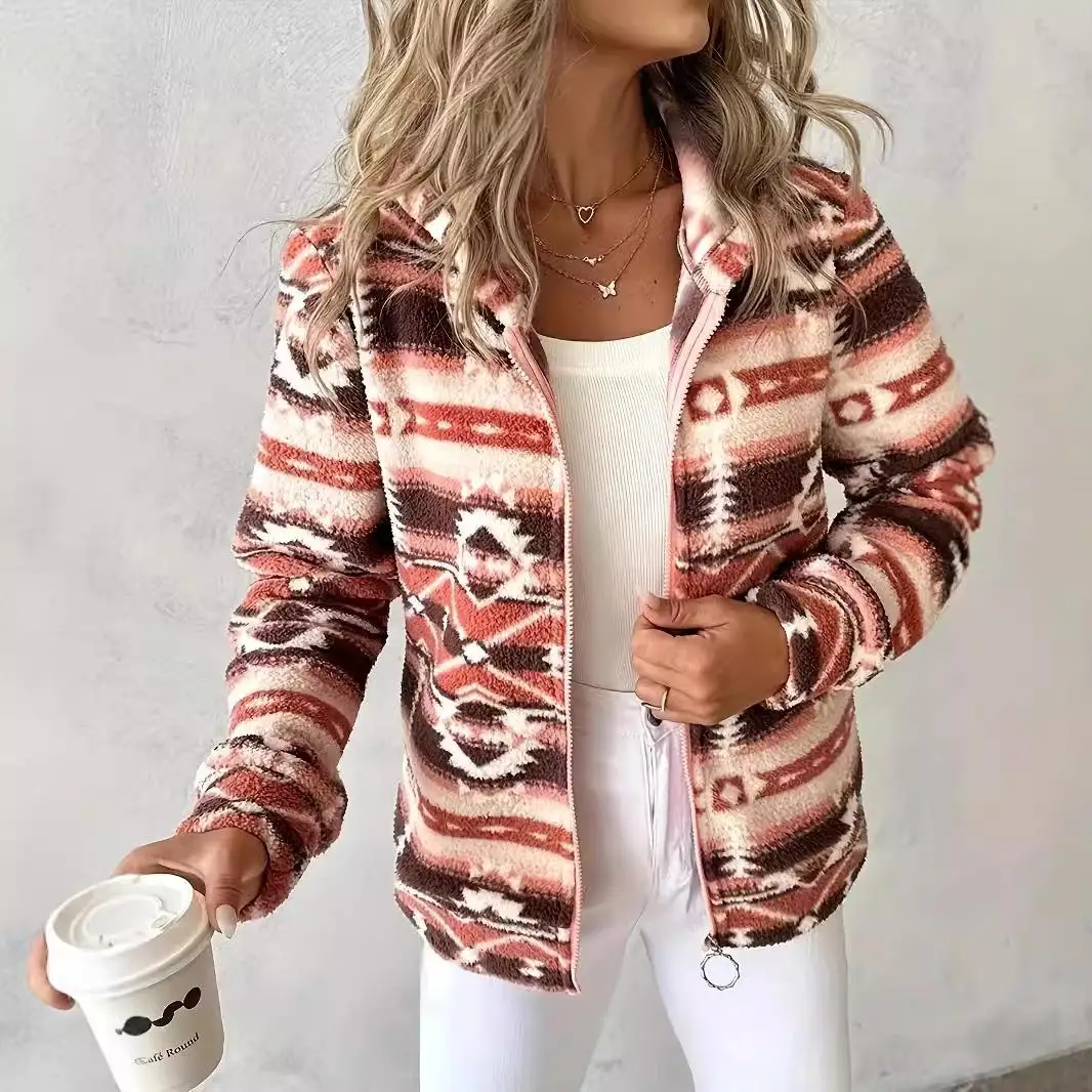 

Large Size Women's Geometric Pattern Printed Hooded Zipper Jaet Thiened Long Sve Pear ape Fit Winter Outerwear