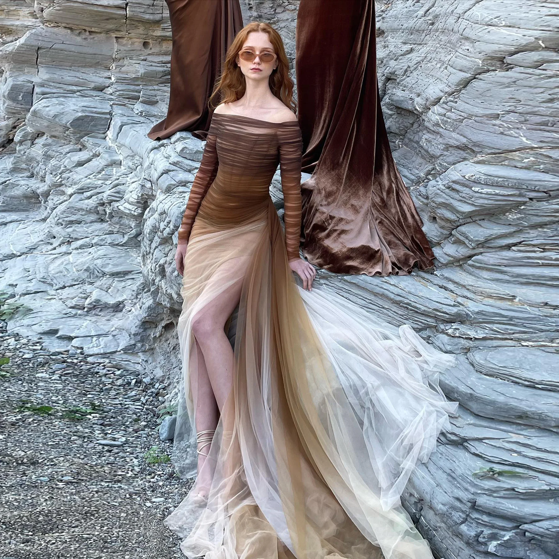 ombre brown dress Sharon Said Ombre Brown Tulle Evening Dress with Elegant Off Shoulder for  Women Wedding Party Formal Gown SF232 Customized