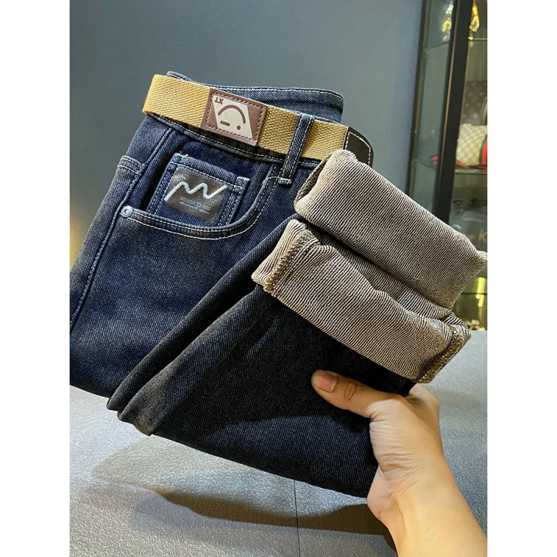 Jeans doublés de sourire pour hommes, pantalons décontractés polyvalents, pantalons longs ajustés, doux, brodés de carillons, épais, hiver, nouveau, 2023