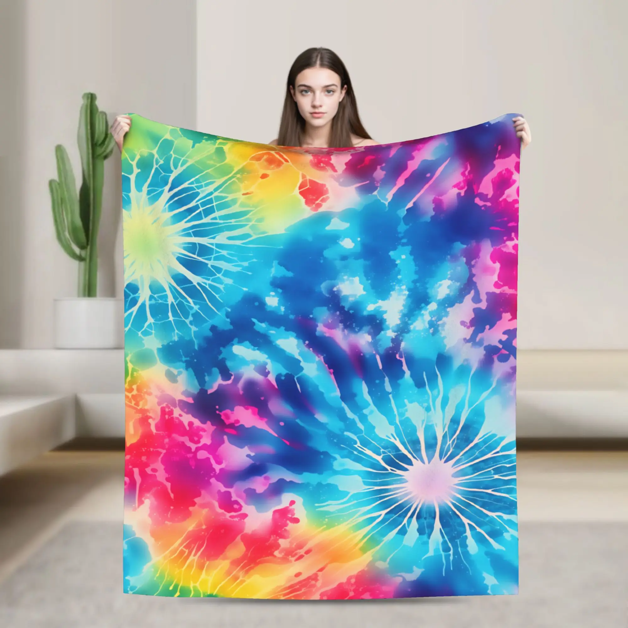 Bright Rainbow Burst Tie Dye Flannel Blanket Adults  Comfortable Throw Blanket Winter Chair Bedspread Sofa Bed Cover