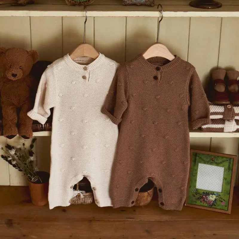 

2026 Spring New Baby Long Sleeve Knitted Romper + Hat Infant Boy Girl Casual Sweater Jumpsuit Solid Newborn Clothes 0-24M