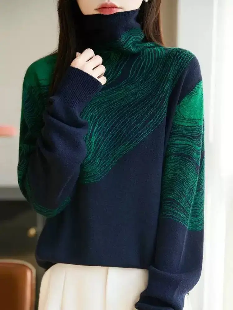 Maglione di lana alto autunno inverno donna sciolto lungo Sve Color Blo Base irt interno trendy confortevole caldo top lavorato a maglia