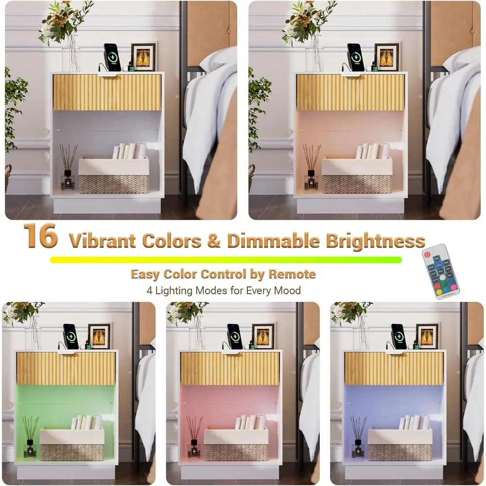 Nightstands Set of 2 with Charging Station & Built-in LED Lights, Bedside Tables with Wave Pattern Drawer & Open Shelf, Safe for