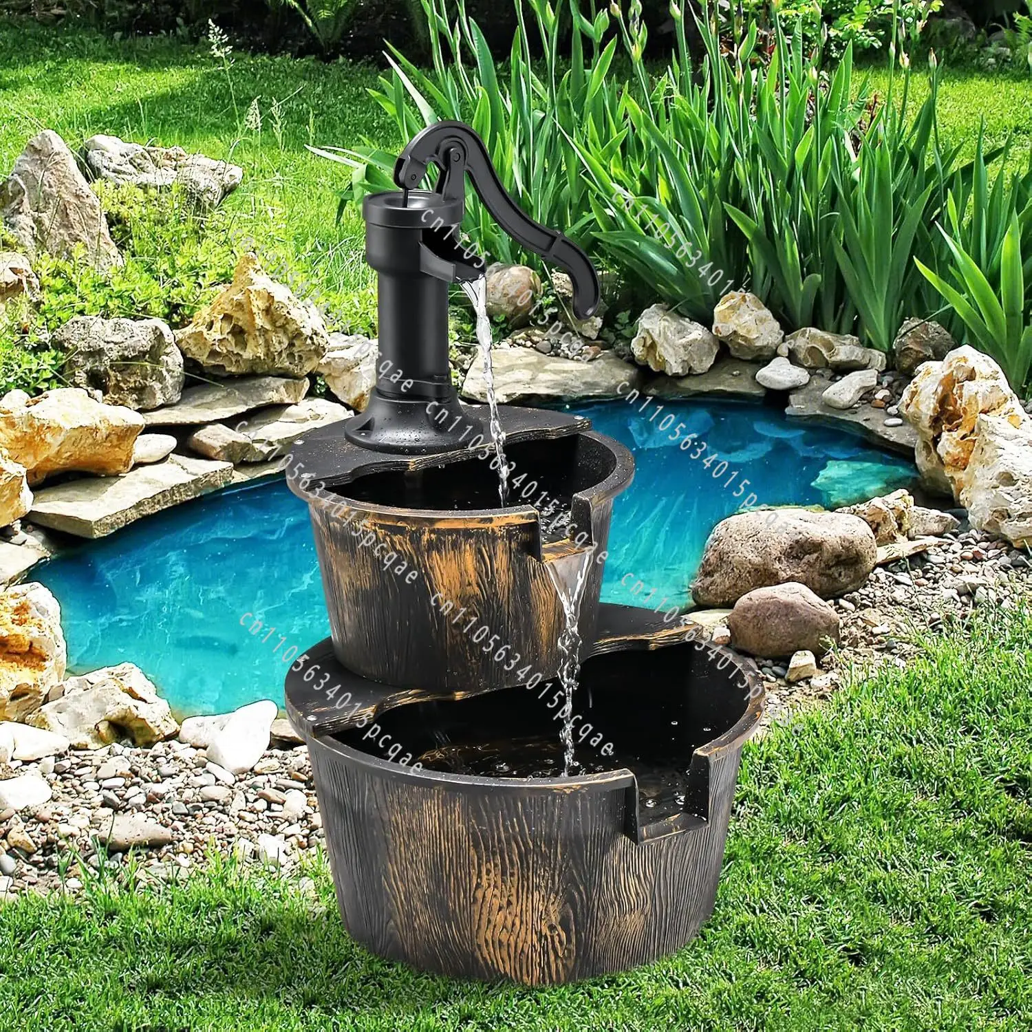 Garden Outdoor Landscape Decoration Fountain Double-layer Plastic Imitation Wooden Barrel Solar Fountain Running Water